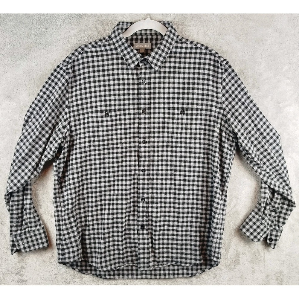 Ash & Erie Black Gray Plaid Check Flannel Shirt‎ Mens Large Flat Business Camp